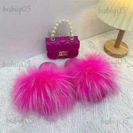 Kids Fox Slippers and Purse Set Wholesale Furry Fluffy Fur Slideshow Toddler Girl Shoes Child Rainbow Sandals Jelly Bag Sets T231104