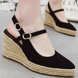 Dress Shoes LIHUAMAO Retro Pumps Wedges Heel Platform Ankle Strap Pointed Toe Espadrilles Slingback Party Wedding Casual Rope Sole