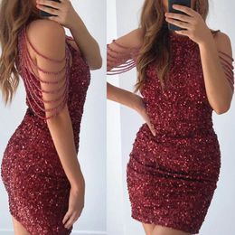 Casual Dresses Women Tassel Sleeve O Neck Corset Bodycon Dress Elegant Party Sequined Evening Cocktail