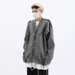 Sweaters Original Design Leather Shoulder Knitwear Cardigans Mens and High Street Hip-hop Zip Up Jackets Oversize Ripped Cardigan Womens