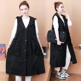 Women's Vests Black Long Denim Vest Women's 2023 Spring Autumn Personalised Large Size Loose Plate Buckle Waistcoat Jacket Windbreaker