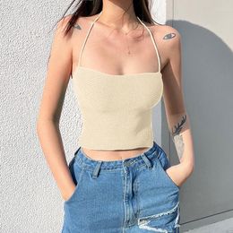 Women's Tanks Women Solid Color Halter Vest Hanging Neck Low-Cut Sexy Summer Girls Ladies Street Style Backless Tied Knitted Tank Tops