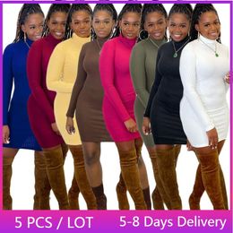 Casual Dresses Bulk Items Wholesale Lots Ribbed Bodycon Dress Women Fall Clothes Long Sleeve Streetwear Turtleneck Mini