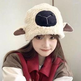 Berets Women Hairy Sheep Ear Hats Soft Warm Bear Ball Faux Fur Winter Bucket Hat Plush Fisherman Caps