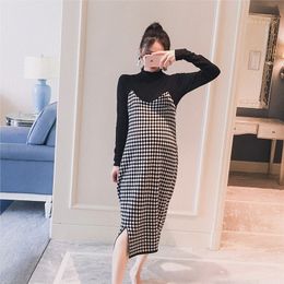 Maternity Dresses 2PCS/Set Black Knitted Maternal Bottom Shirt with Strap Flat Bottom Dress Autumn Korean Fashion Maternal Clothing 230404