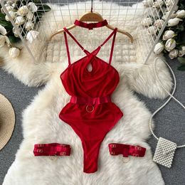 Nxy Women Sexy Bodysuits Strap Sheer Thin Bodycon Jumpsuits Fashion Hollow Out Cosplay Lace palysuits 230328