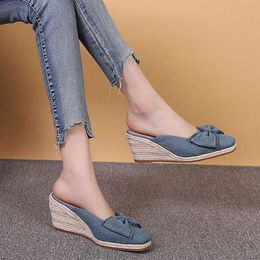 Sandals LIHUAMAO Bowite wedges heels mules shoes slip on Ladies slides comfortable espadrilles casual shoes sandals slipper AA230403