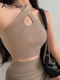 Women's Tanks Camis ATHVOTAR Crop Top Women Summer Knitted Sleeveless Sexy Cross Hollow Streetwear Slim Tank Hole Casual Female New Tight Solid Tops P230322