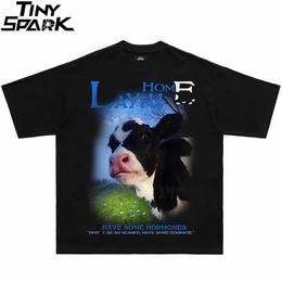 Men's T-Shirts Hip Hop Tshirt Streetwear Cow Letter Printed T-Shirt Men Harajuku Cotton Casual T Shirt Short Sleeve Tops Tees Summer Black 230404