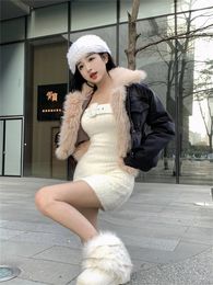 Women's Jackets Black Lamb Wool Splice Denim Coat Women's Winter 2023 Fluffy Collar Short Thickened Cotton Dress Warm