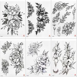 5 PC Temporary Tattoos Rose Peony Flower Girls Temporary Tattoos For Women Waterproof Black Tattoo Stickers 3D Blossom Lady Shoulder DIY Tatoos Z0403