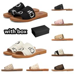 designer Woody sandals with box women Mules flat slides Light tan beige white black pink Blue lace Lettering Fabric canvas slippers womens summer outdoor shoes