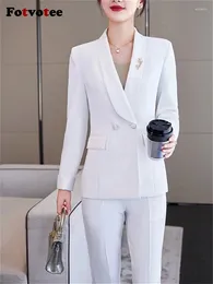 Women's Two Piece Pants Fotvotee Fashion Formal Pant Suits For Women 2023 Long Sleeve Slim Blazer Jacket Trousers Korean Office Ladies 2 Set