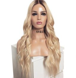 schöne lange lockere Welle Simulation Echthaar Perücke afrikanische amerikanische Frauen Stil Ombre Blonde Lace Front Perücke synthetische Hitze res9599003