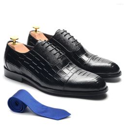 Dress Shoes Classic Black Cow Genuine Leather Men Oxford Lace-Up Cap Toe Formal Crocodile Print For Business Office