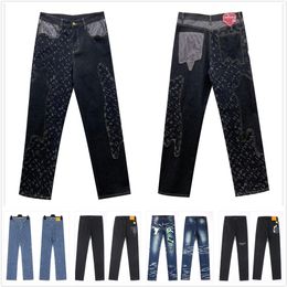 Designer Mens Stacked Jeans Men Printed Jacquard Embroidery Straight Hole Wash Irregular Patchwork Patch Embroidery Strch Fabric High