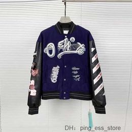 Offs Autumn and Winter Brand Jacket New Coat Male Female Lovers Ow Heavy Industry Embroidered Wool Spliced Leather Sleeve Bomber Baseball AHG6