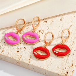 Hoop Earrings 1Pcs Enamel Bling Red Lips For Women Gift Jewelry Luxurious Sexy Classic Shiny Rhinestone Circle Earring E785