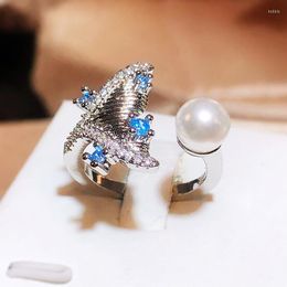 Cluster Rings Creative Asymmetrical Whale Pearl Sapphire Round Ring For Women's High-quality Party Jewellery Wedding Women