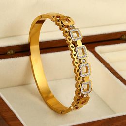 Link Bracelets AENSOA 316L Stainless Steel Gold Colour Charm Bangle Bracelet For Women Trend Inlaid Crystal Zircon Square Wrist Jewellery Gift