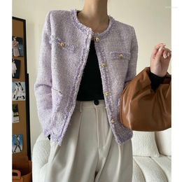 Women's Jackets Autumn 20% Wool Shoulder Padded Short Jacket Women Light Purple Tassel Gold Buckle Single Breasted Coat