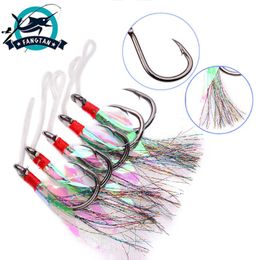 5Pcs/Lot Single Jigging Fishing Hook Thread Feather Refracts Cast Jigs Assist Barbed High Carbon Steel Lure Hooks