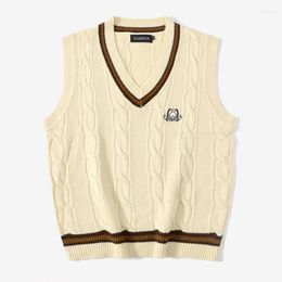 Men's Sweaters Knitted Vest For Women 2023 Bear Embroidery V-neck Pattern Japanese Fashion Waistcoat Casual Streetwear Couples Tops