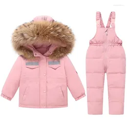 Clothing Sets Winter Kid Reflective Strip Puffer Ski Suit Baby Girl Boy Detachable Fur Down Jacket 2-Way Zip Jumpsuit Pant Child Outfit