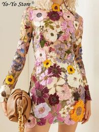 Casual Dresses Floral Embroidery Elegant Luxury Women Mini Dress Half High Collar Long Sleeve Spring Evening Party Lady Vestido 230404