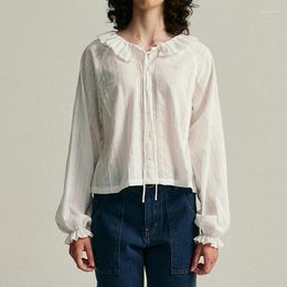 Women's Blouses Loose Hollow Lace Pleated Long-sleeved White Shirt Women Solid Colour Tops