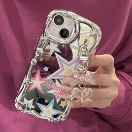 Phone Case Luxurious and cute silver plated star 3D love bow keychain soft case iPhone 11 14 Pro Max Plus 12 13 silicone cover 231104