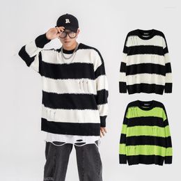 Men's Sweaters 2023Men Streetwear Colour Blocking Stripe Hook Flower Hole Knitted Harajuku Pullover Casual Cotton Sweater Black