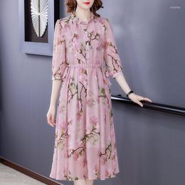 Casual Dresses Floral Silk Dress 2023 Spring And Summer Printed Midi Sleeved High-End Temperament Mid-Length Elegant Pleated Women H2162