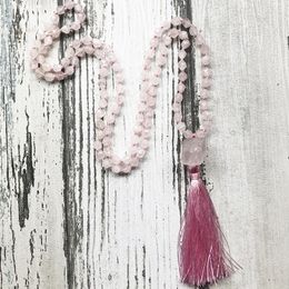 Chains 108 Prayer Beads Mala Necklace Jewelry Facted Rose Q-uartz Knotted Boho Raw Rough Pendant Pink Tassel