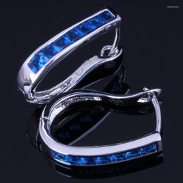 Backs Earrings Fascinating Blue Cubic Zirconia Silver Plated Clip Hoop Huggie V1056