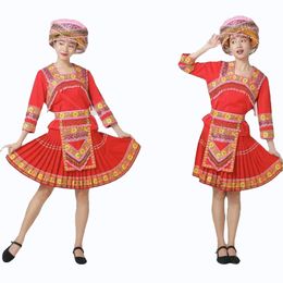 Women stage wear Red Hmong Clothing Traditional Miao Dance suit Chinese ethnic dress Apparel TV Film festival performance costume