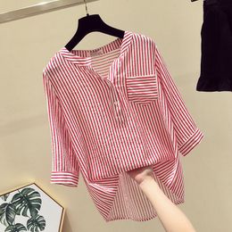 Women's Blouses Shirts Striped women's summer chiffon loose V-neck shirt one-third sleeve casual girl top H9006 230404