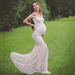 Maternity Dresses Pregnant Women's Shoulder Off Sexy Lace Mermaid Dress Pregnant Women's Baby Shower Po Props Pregnant Women's Long Dress 230404