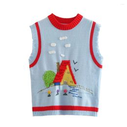 Women's Tanks 2023 Early Autumn Style Sweet And Stylish Sleeveless Round Neck Cartoon Splicing Embroidered Knitted Vest 01957102400
