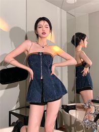 Casual Dresses Short Sleeveless Women Slim Korean Fashion Sexy Mature Club Denim Vestido Feminino Chic Slit Ulzzang Y2k Summer