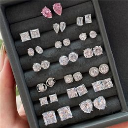 6-10mm diamond designer earring for woman 925 sterling silver white pink 5A zirconia square round heart back stud jewelry earrings womens party friend girls gift box