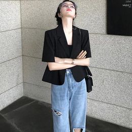 Women's Suits Blazer Women Thin Short-Sleeve Short Jacket Summer Solid Office Lady Chic Loose Notched Blazers Fashion Casual Coats