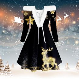 Casual Dresses Christmas Dress Women Black Gold Print Fluff Collar Long Sleeve Off Shoulder Lace Up Xmas Party Prom Rockabilly Vestidos