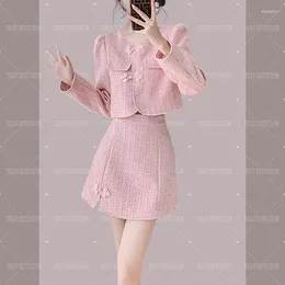 Work Dresses Luxury Small Fragrance Pink Short Coat Tweed Jacket Outwear Top High Waist Mini Skirts Two Pieces Set Suit