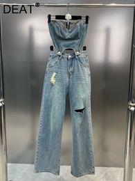 Women's Jeans DEAT Vintage Detachable Suspender Jumpsuit Women High-waist Loose Straight Denim Straight Pants Trend Spring 11XX01226 230404