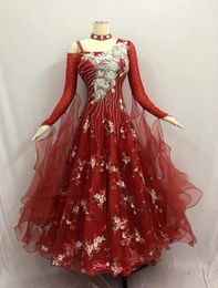 Stage Wear Standard Ballroom Dance Dress Red Adult Good Quality Long Sleeve Waltz Dancing Costume Competition Dresses Women