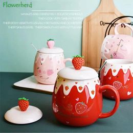 Mugs Strawberry Flowers Heart Ceramic Mug Breakfast Milk Tea Coffee With Lid Spoon Large Red Pink Cute Cups Drinkware