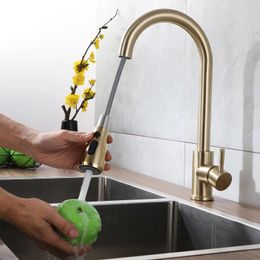 Kitchen Faucets Brushed Gold Faucet Single Hole Pull Out Sink Tap 2 In 1 Stream Sprayer Head And Cold Water Mixer