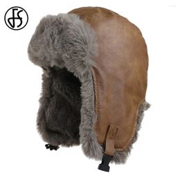 Berets FS Brown High Quality PU Leather Plush Winter Hat For Women Windproof Snow Warm Bomber Hats Thick Plus Velvet Men Flying Cap