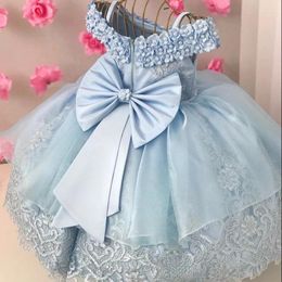 Girl Dresses Sky Blue Lace Tulle Floral Beaded With Big Flower Satin Bow Fit Wedding Party Birthday Princess Communion Gowns